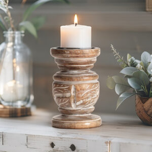 Handcrafted Mangowood Carved Squat Pillar Candleholder 10×15.5cm