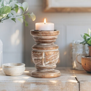 Handcrafted Mangowood Carved Squat Pillar Candleholder